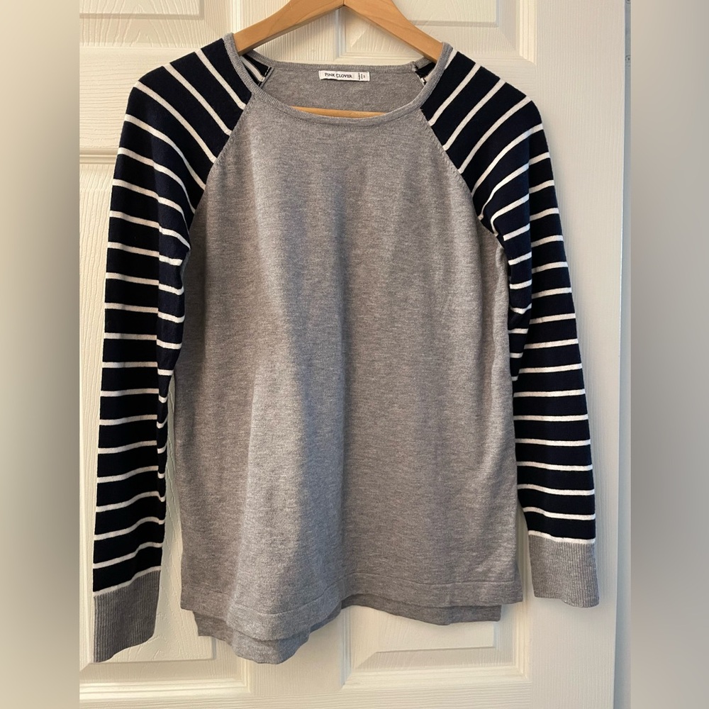 Pink Clover Crew Neck Long Sleeve Thin Knit Sweater Grey/Navy Striped